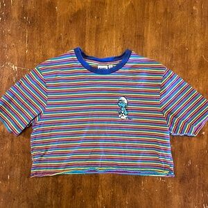 Smurfs Cropped Striped T-Shirt. Sz Small